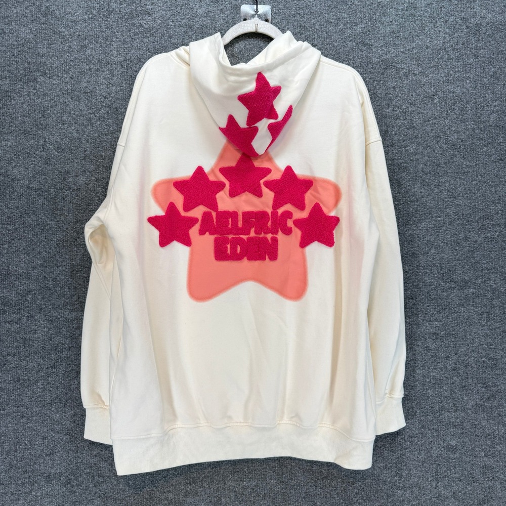 Aelfric Eden Hoodie Womens XL White Pink Star Embroidery Streetwear Pullover